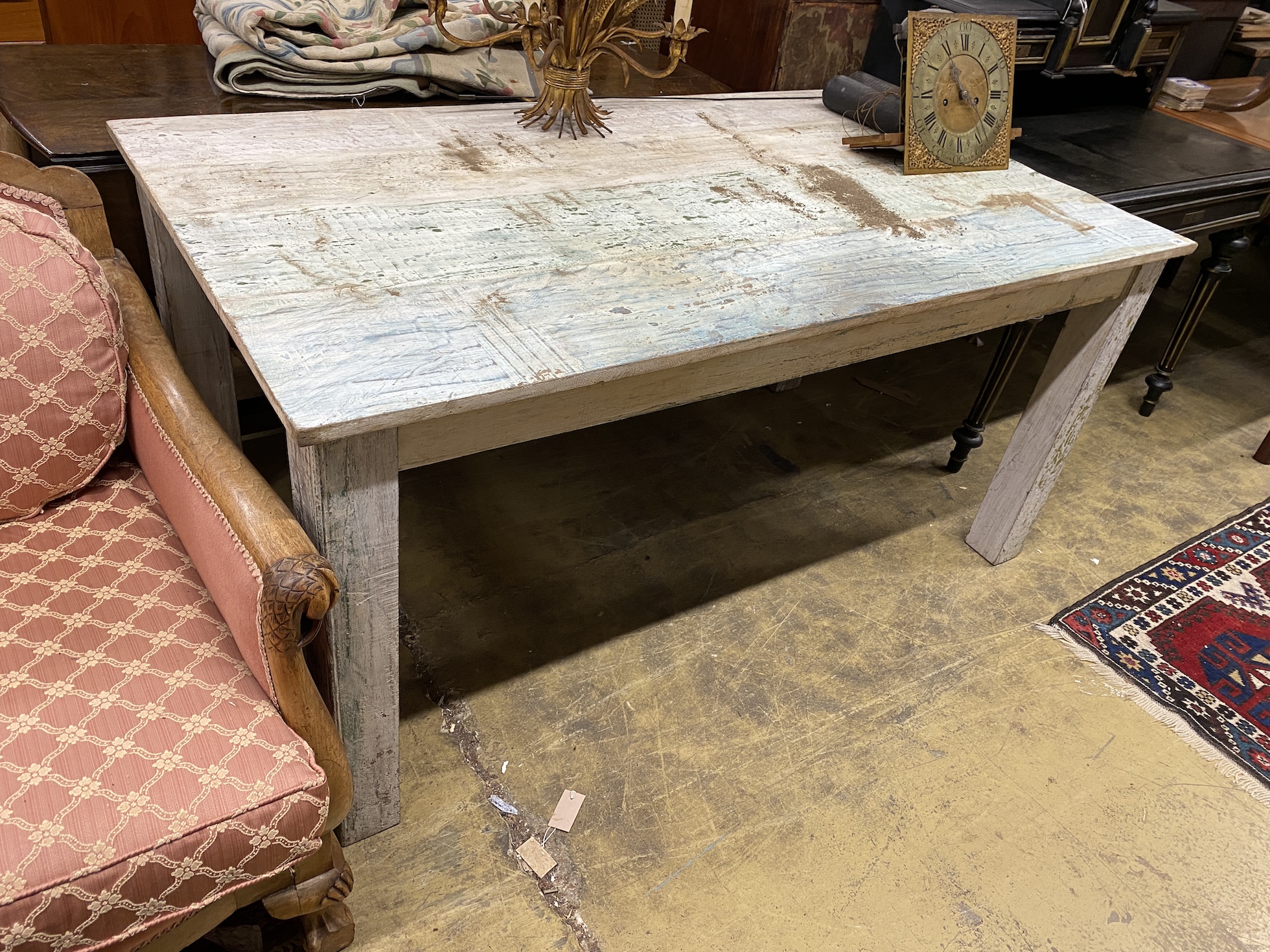 A Victorian style rectangular painted kitchen table, width 161cm, depth 90cm, height 76cm